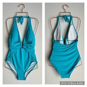 NWT Vince Camuto Swimsuit Halter Plunge Deep V One Piece Aqua Green Size 10